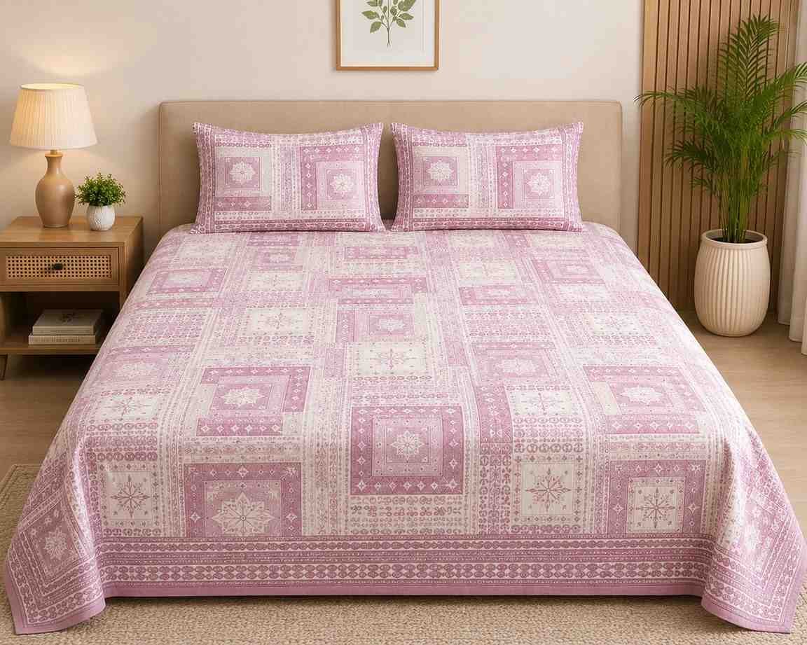 Pink Designer Printed Cotton King Size Bedsheet by SENORA Lifestyle