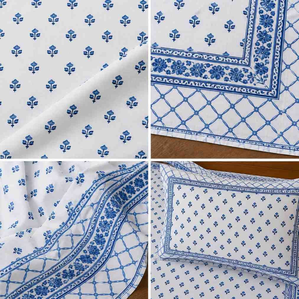 Premium Off White & Classic Blue Cotton Bedsheet Set with Matching Pillow Covers
