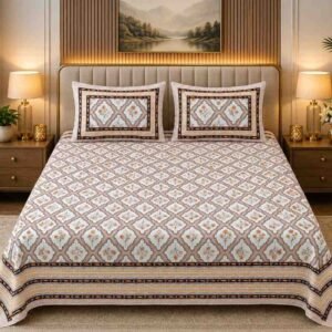 SENORA Lifestyle Beige & White Floral Printed Cotton Super King Bedsheet 108 × 108 Inches with 2 Pillow Covers