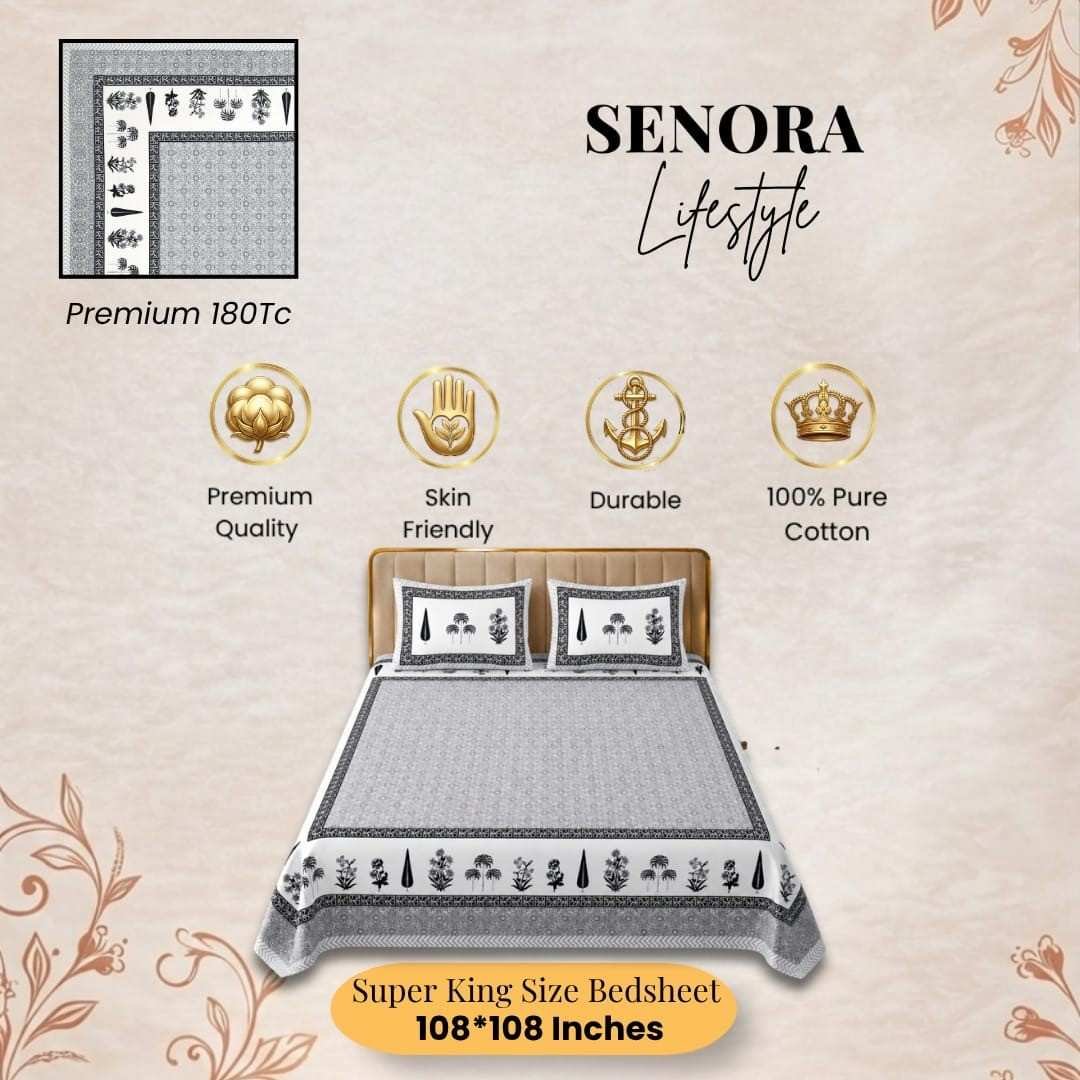 SENORA Lifestyle Black White Printed Cotton Bedsheet