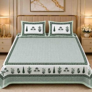 SENORA Lifestyle Green & White Printed Cotton Super King Bedsheet 108 × 108 Inches with 2 Pillow Covers