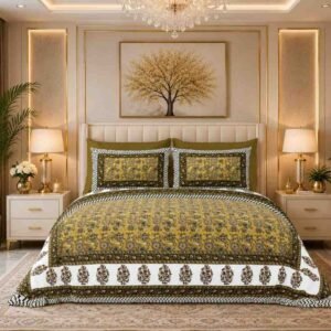 SENORA Lifestyle Mustard Yellow & Olive Green Cotton Super King Bedsheet with 2 Pillow Covers