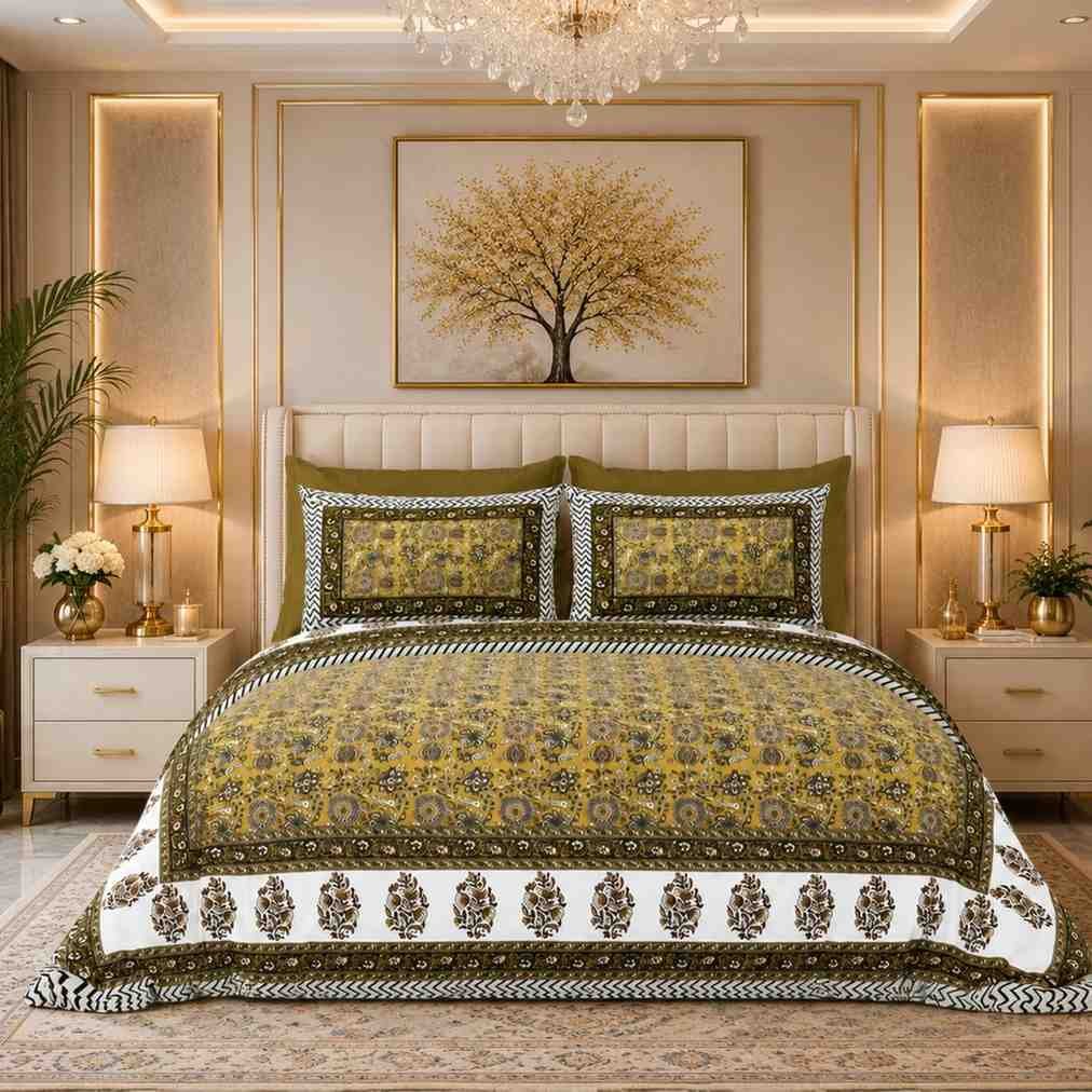 SENORA Lifestyle Mustard Yellow & Olive Green Cotton Super King Bedsheet with 2 Pillow Covers SENORA Lifestyle Mustard Yellow & Olive Green Cotton Super King Bedsheet with 2 Pillow Covers
