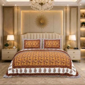 SENORA Lifestyle Mustard Yellow & Rust Brown Cotton Super King Bedsheet 108 × 108 Inches with 2 Pillow Covers