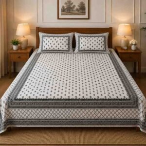 SENORA Lifestyle Off White & Charcoal Grey Cotton Super King Bedsheet 108 × 108 Inches with 2 Pillow Covers
