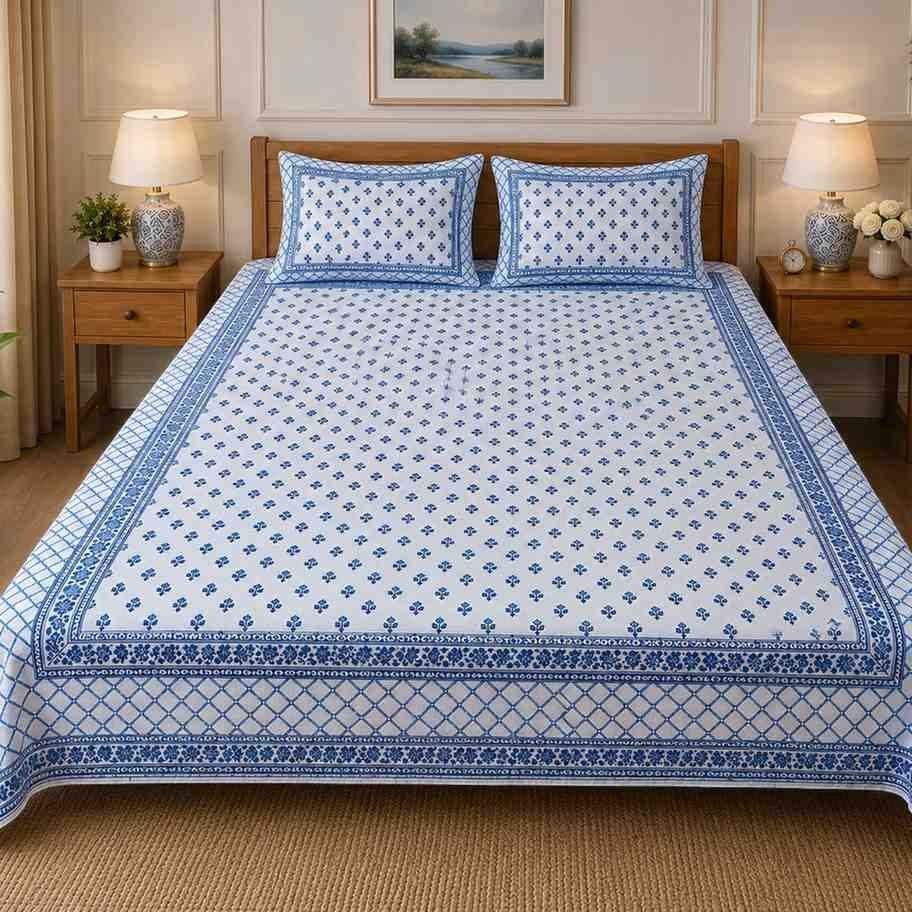 SENORA Lifestyle Off White & Classic Blue Cotton Super King Bedsheet with 2 Pillow Covers
