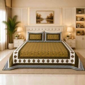 SENORA Lifestyle Mustard Yellow & Olive Green Cotton Super King Bedsheet 108 × 108 Inches with 2 Pillow Covers