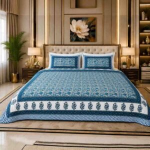 SENORA Lifestyle Warm Ivory & Royal Persian Blue Cotton Super King Bedsheet 108 × 108 Inches with 2 Pillow Covers