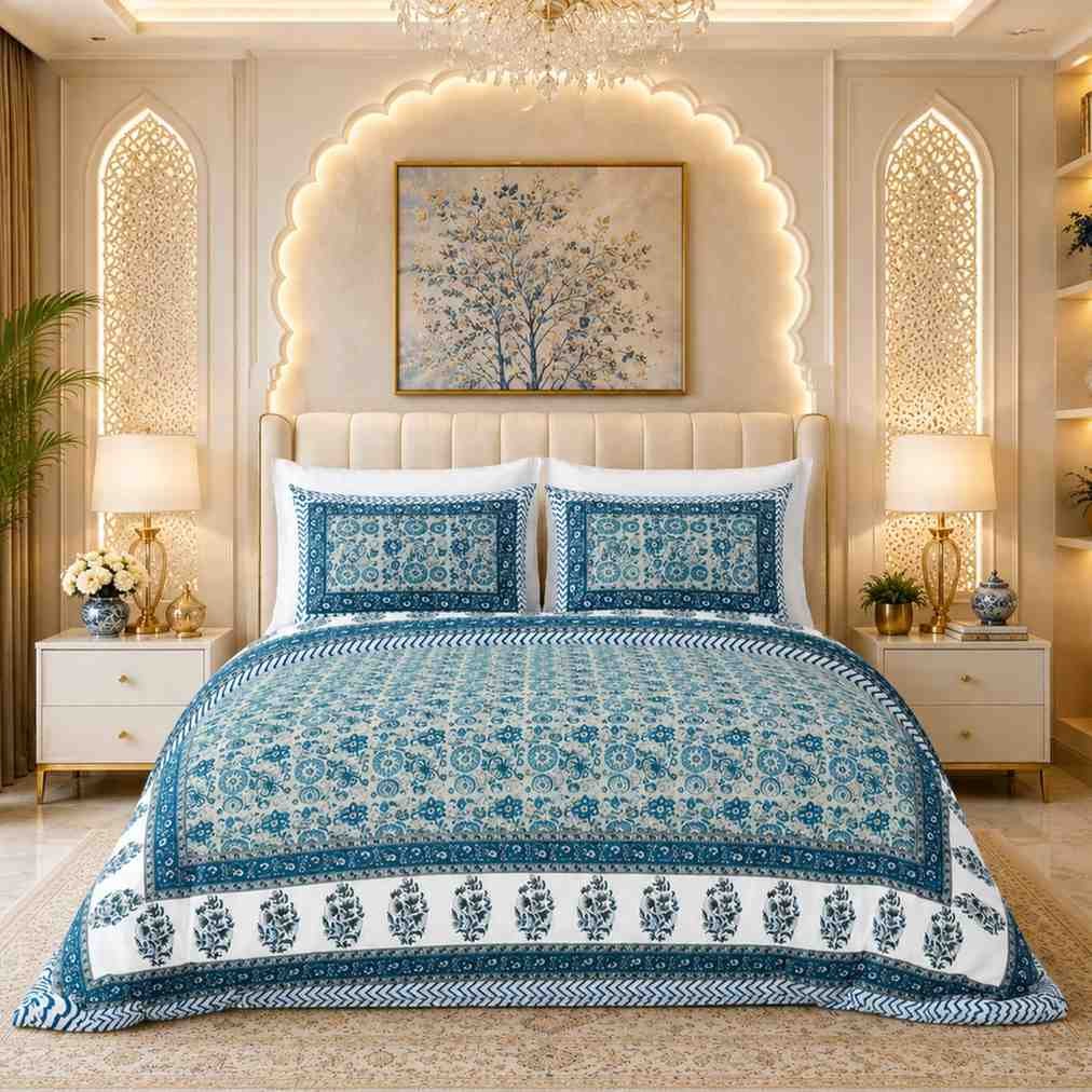 SENORA Lifestyle Warm Ivory & Royal Persian Blue Cotton Super King Bedsheet with 2 Pillow Covers