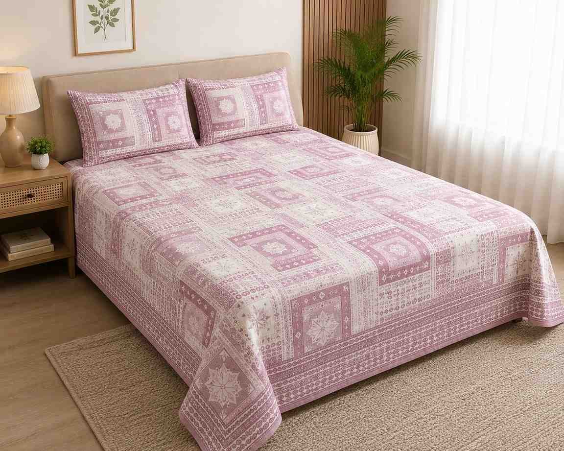 SENORA Pink Ornamental Print King Size Cotton Bedsheet with Pillow Covers