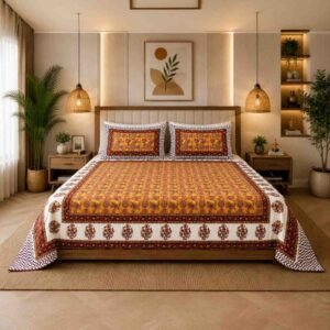 SENORA Lifestyle Mustard Yellow & Rust Brown Cotton Super King Bedsheet 108 × 108 Inches with 2 Pillow Covers
