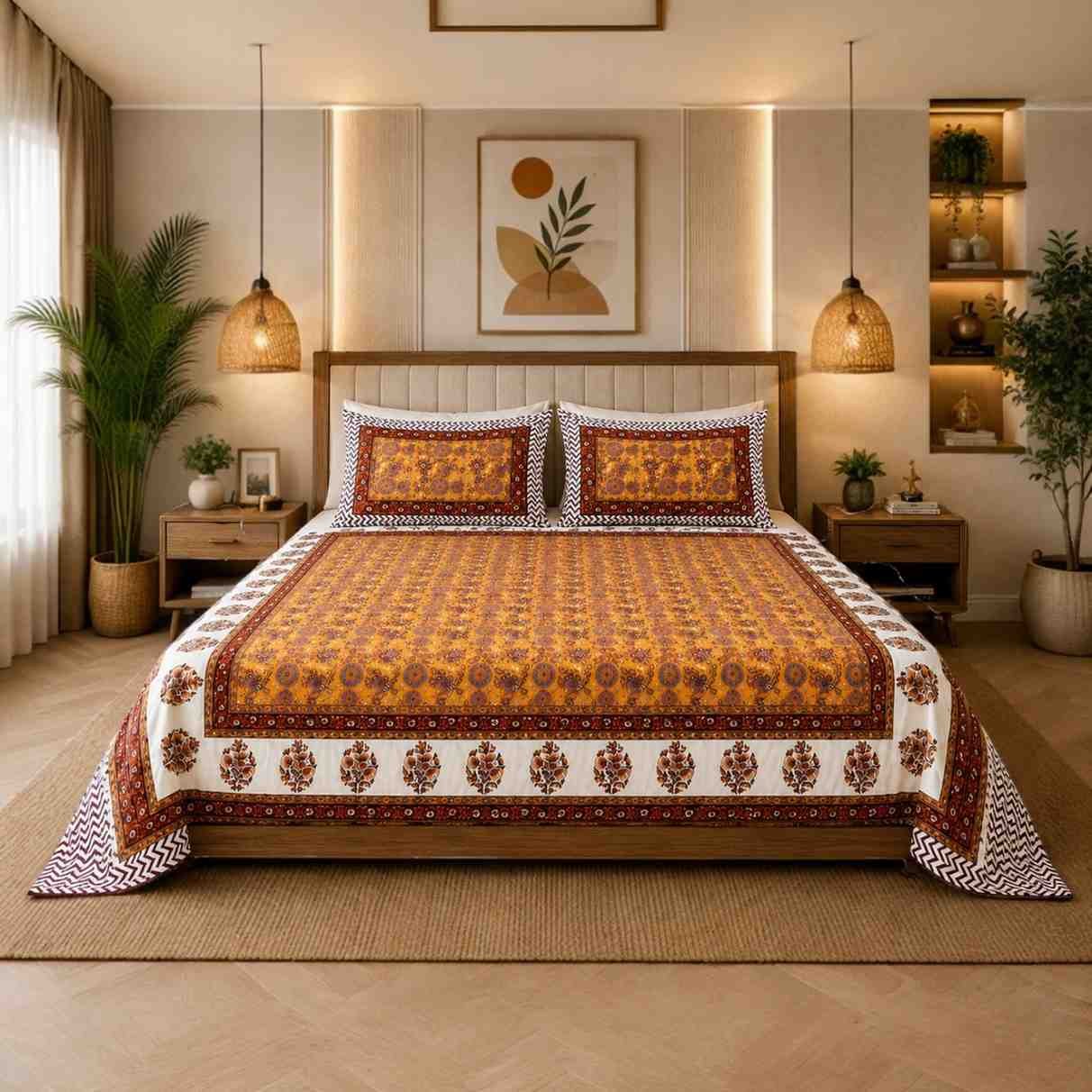 SENORA Printed Cotton Super King Bedsheet Set with 2 Matching Pillow Covers