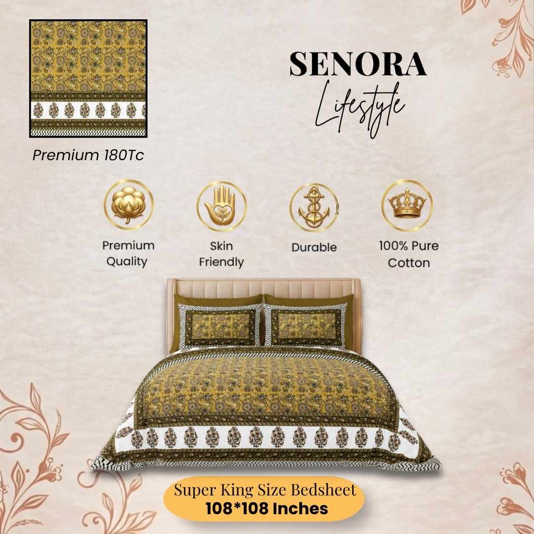 Soft Cotton Super King Bedsheet in Mustard Yellow & Olive Green by SENORA Lifestyle