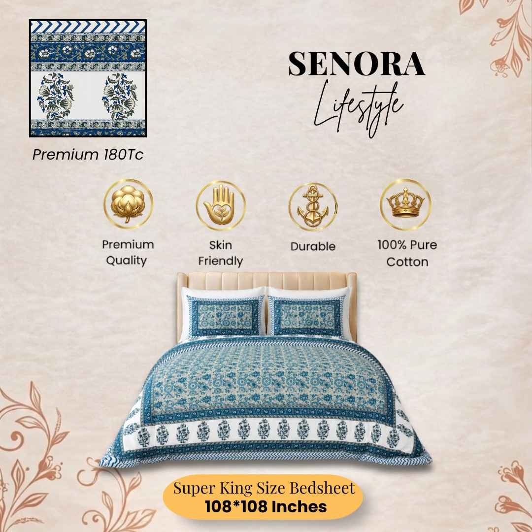 Soft Cotton Super King Bedsheet in Warm Ivory & Royal Persian Blue by SENORA Lifestyle