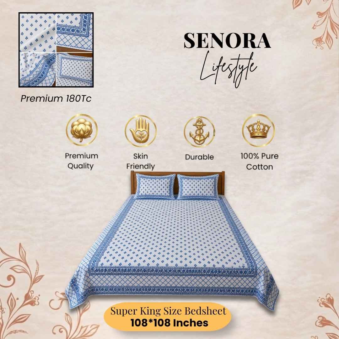 Traditional Off White Cotton Bedsheet with Classic Blue Floral Print and Decorative Border