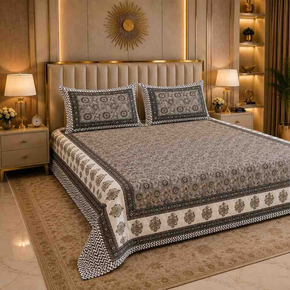108 x 108 inch super king size grey floral bedsheet
