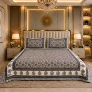 Elegant Grey Jaipuri Floral Block Print Cotton Bedsheet – Super King Size 108 × 108 Inches with 2 Matching Pillow Covers