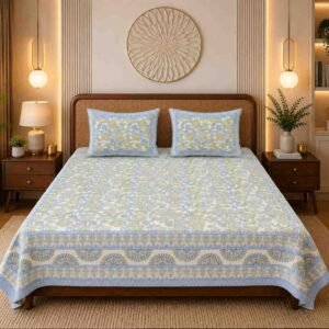 Premium Floral Jaipuri Block Print Cotton Super King Size Bedsheet (108 × 108 Inches) with 2 Matching Pillow Covers | Soft, Breathable & Luxury Bedsheet Set