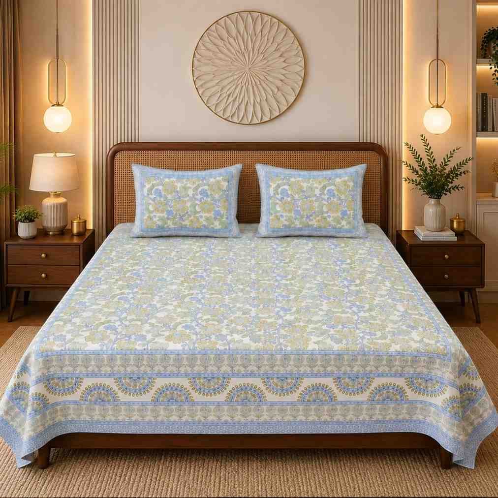 Premium floral Jaipuri block print cotton super king bedsheet