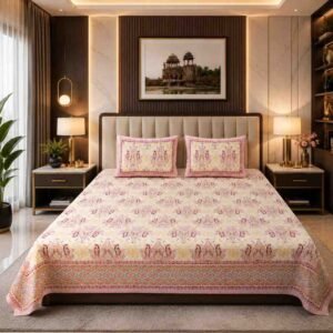 Royal Jaipuri Floral Cotton Bedsheet – Super King Size 108 × 108 Inches with 2 Pillow Covers